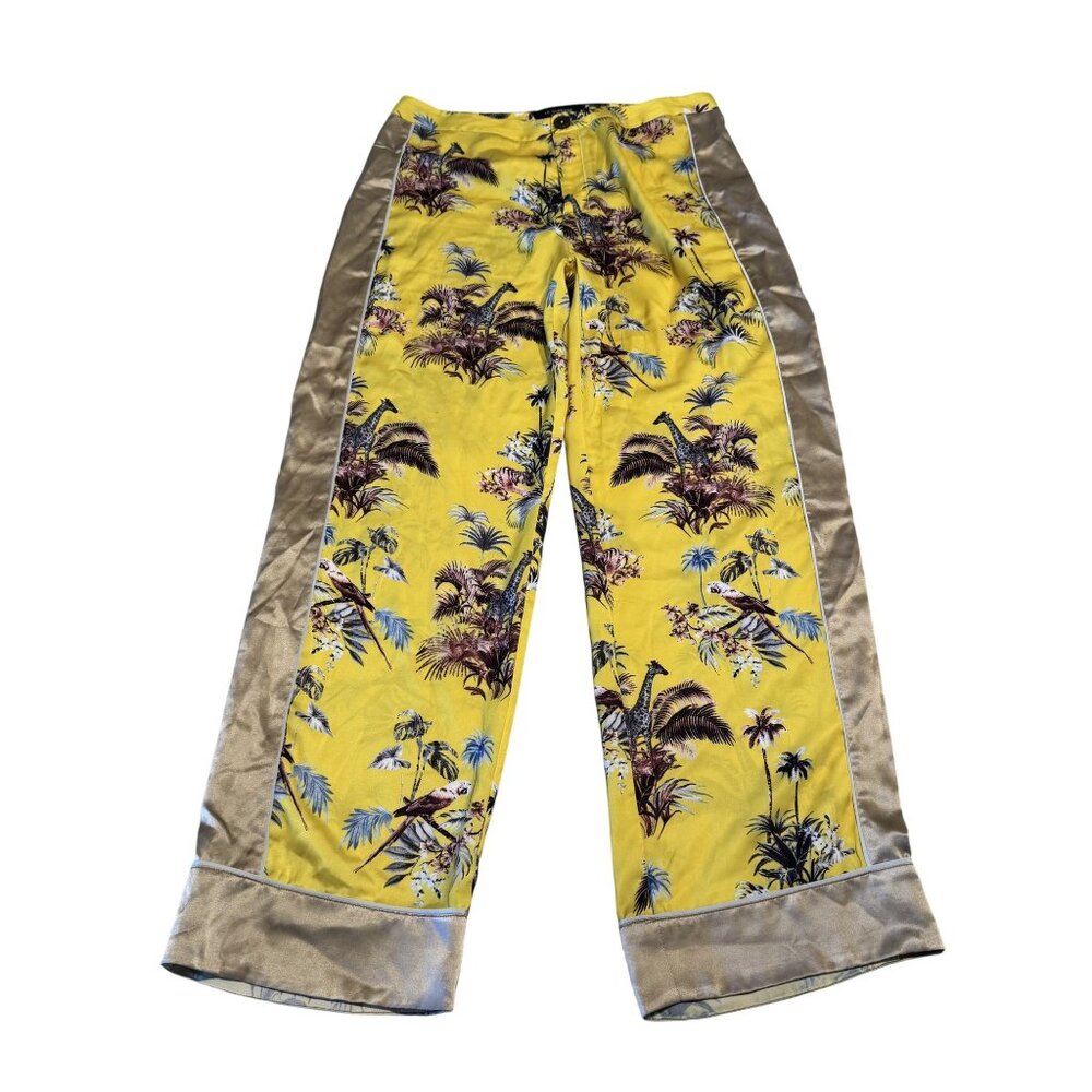 Le Superbe Voyage Yellow Giraffe Straight Leg Silk Contrast Pants Women's Size 6